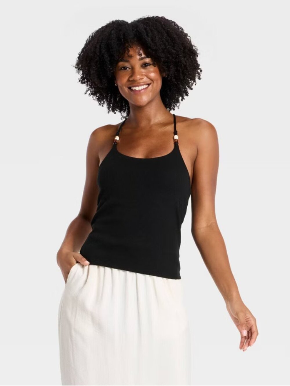 Women's Beaded Ribbed Tank Top - A New Day Black XS